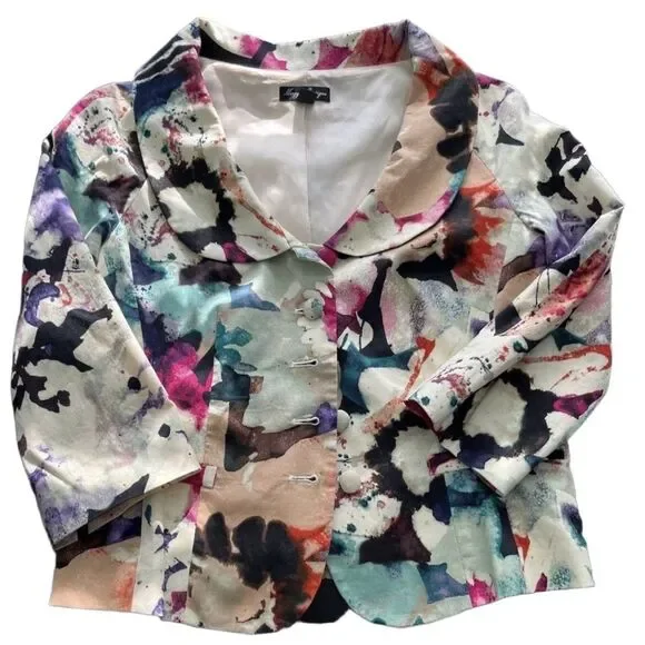 Maggie Boutique Colorful Abstract Crop Jacket Blazer 3/4 Sleeve Size 6P EUC - Picture 2 of 7